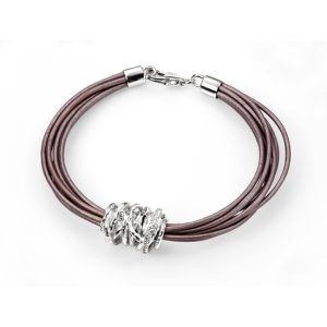 B-ELS-42 Elements Silver Cubic Zirconia and Brown Leather Bracelet