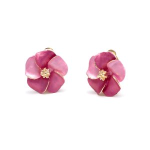 ERCL-106-RH Rodney Holman Faux Vintage Gold Plated Flower Clip Earrings - Pink