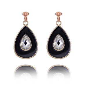 ERCL-AMB-193 Accessories Crystal and Enamel Teardrop Clip On Earrings - Black