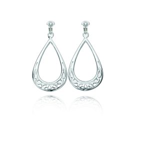 ERCL-BG-45 Basics Sterling Silver Patterned Teardrop Hoop Clip On Earrings