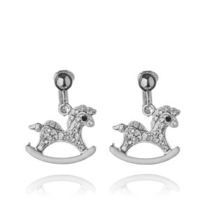 ERCL-BML-15 Crystal Rocking Horse Clip On Earrings - Silver