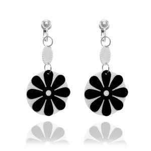 ERCL-JC-6 Black and White Flower Clip On Earrings