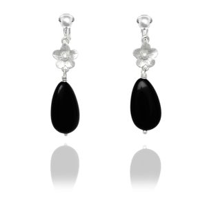 ERCL-MJ-63 Flower and Teardrop Clip On Earrings - Black and Silver
