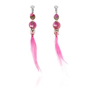 ERCL-MJ-69 Boho Beaded Feather Clip On Earrings - Pink
