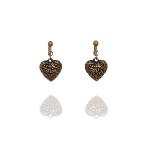 Rodney Holman Patterned Heart Clip On Earrings - Antique Gold