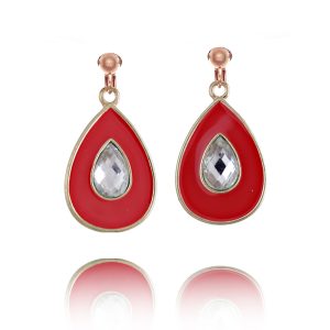 ERCL-AMB-194 Accessories Crystal and Enamel Teardrop Clip On Earrings - Red
