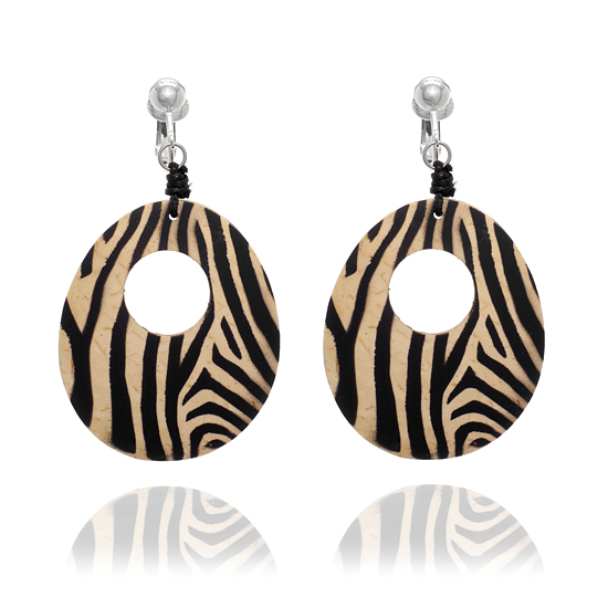 ERCL-JC-1 Wood Clip On Hoop Earrings - Zebra Print