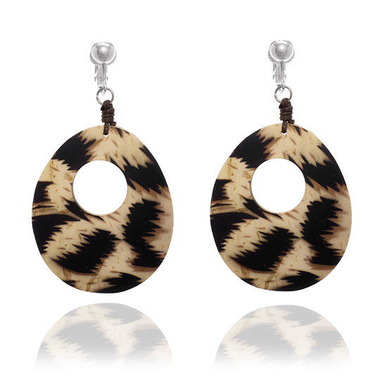 ERCL-JC-2 Wood Clip On Hoop Earrings - Leopard Print