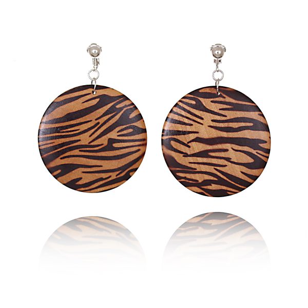 ERCL-JC-52 Wooden 6cm Disc Clip On Earrings - Tiger Print