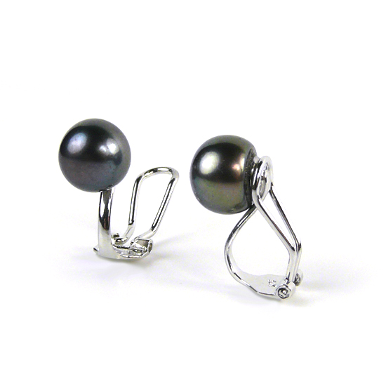 ERCL-PO-1 Genuine Pearl Clip On Earrings Iridescent Black/Sterling Silver